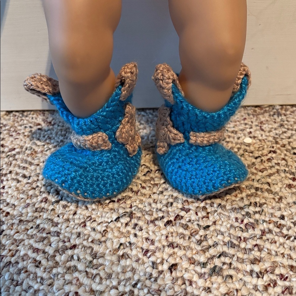 Handmade Blue and Tan Crochet Baby Booties